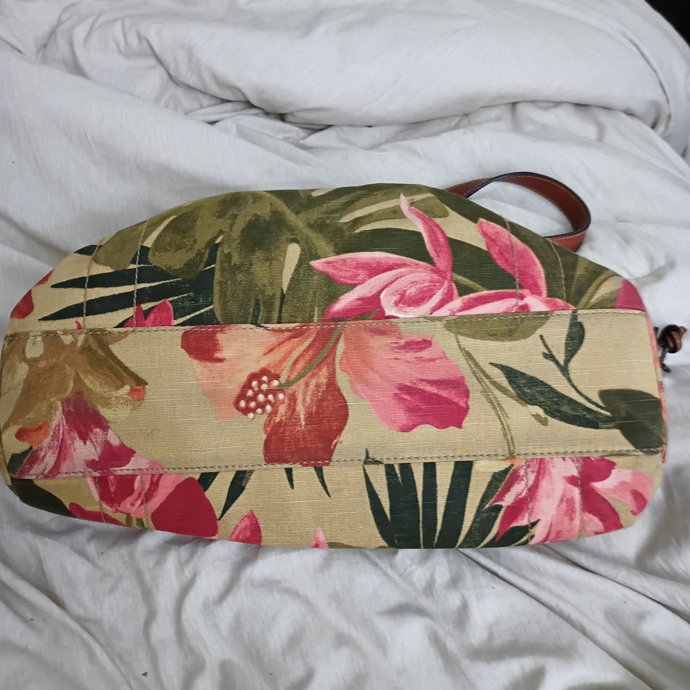 Vintage FOSSIL Floral Canvas Tote Bag with Brown Leather Handles - Picture 8 of 9